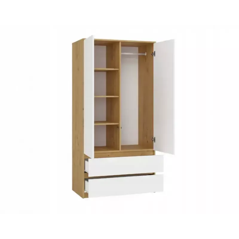 Spinta MALWA SS-90, 900×500×1800 mm, rėmas ąžuolo artisan, balti varstomi durys, 2 stalčiai, medžio drožlių plokštė