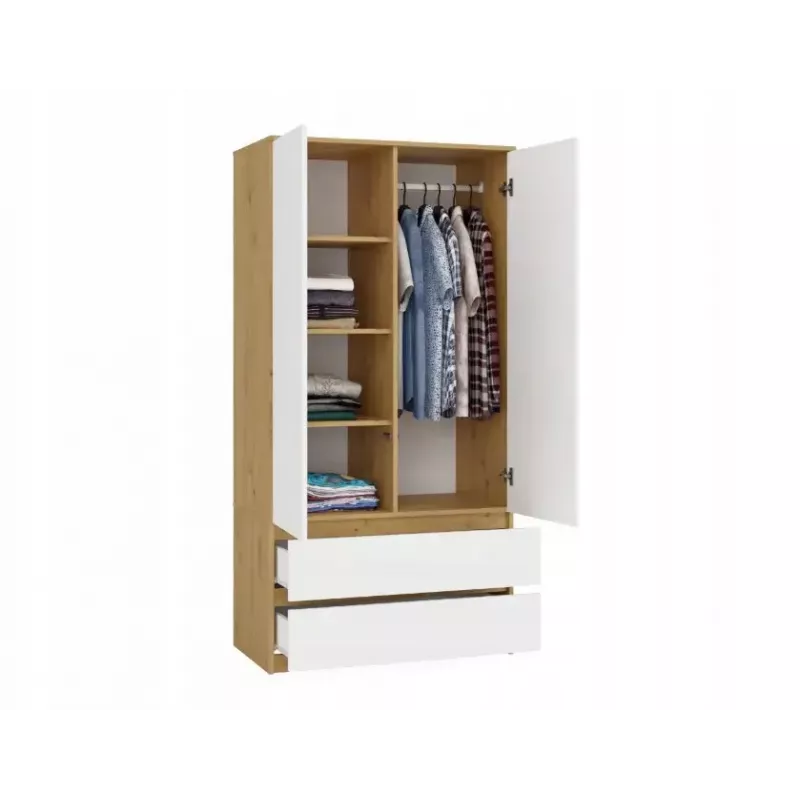 Spinta MALWA SS-90, 900×500×1800 mm, rėmas ąžuolo artisan, balti varstomi durys, 2 stalčiai, medžio drožlių plokštė