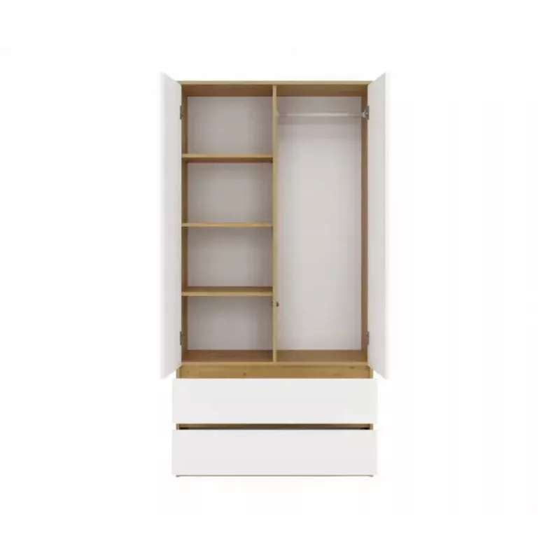Spinta MALWA SS-90, 900×500×1800 mm, rėmas ąžuolo artisan, balti varstomi durys, 2 stalčiai, medžio drožlių plokštė