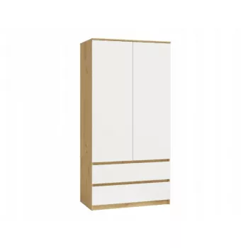 Spinta MALWA SS-90, 900×500×1800 mm, rėmas ąžuolo artisan, balti varstomi durys, 2 stalčiai, medžio drožlių plokštė