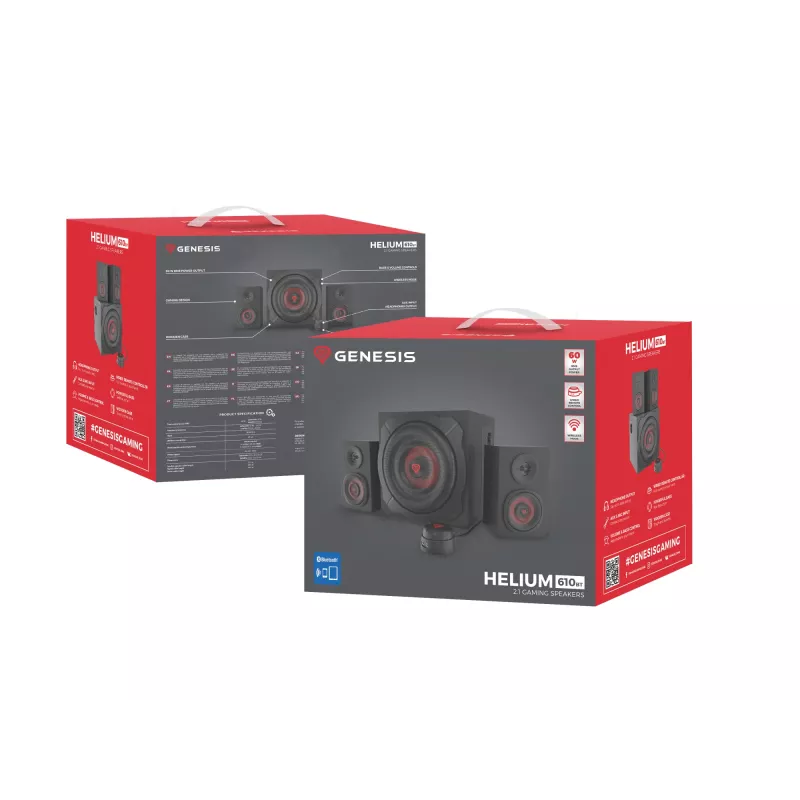 Garsiakalbių rinkinys GENESIS Helium 610BT 2.1, 60 W RMS, Bluetooth, laidinis, raudonas/juodas, kompaktiškas žemųjų dažnių garsiakalbis
