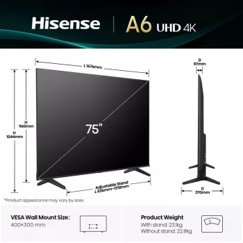 Televizorius Hisense 75A6Q 190,5 cm (75 col.) 4K Ultra HD Smart TV Wi-Fi juodas