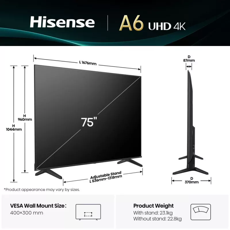 Televizorius Hisense 75A6Q 190,5 cm (75 col.) 4K Ultra HD Smart TV Wi-Fi juodas