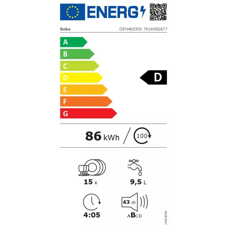 Laisvai pastatoma indaplovė BEKO DEN48530X, 15 stalvių, 8 programų, 44 dB, 598×850×600 mm