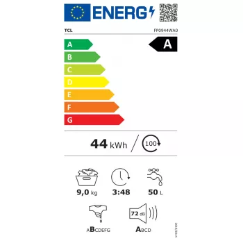 Skalbimo mašina TCL FP0944WA0 – priekinė, 9 kg, 1400 aps./min., A klasė, LED ekranas, garų funkcija, 60×56×85 cm, balta