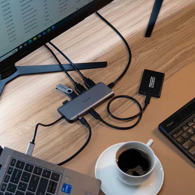 Targus Dual Video Mobile Dock su 140W EPR perdavimu, laidinis, USB 3.2 Gen 2 (3.1 Gen 2) Type-C, 140 W, 1000 Mbit/s, pilka, 10 Gbit/s