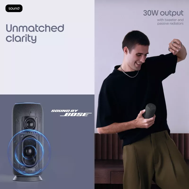 Mono nešiojamas garsiakalbis Motorola moto sound flow Carbon — 30 W RMS, USB-C, belaidis, audinio korpusas