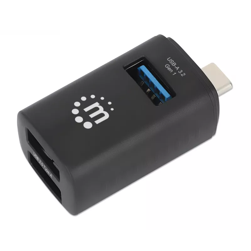 Manhattan USB-C 3 prievadų USB centras, ypač kompaktiškas, 3x USB-A prievadai (1x 5 Gbps USB 3.2 Gen1, 3x 480 Mbps USB 2.0), maitinamas iš USB