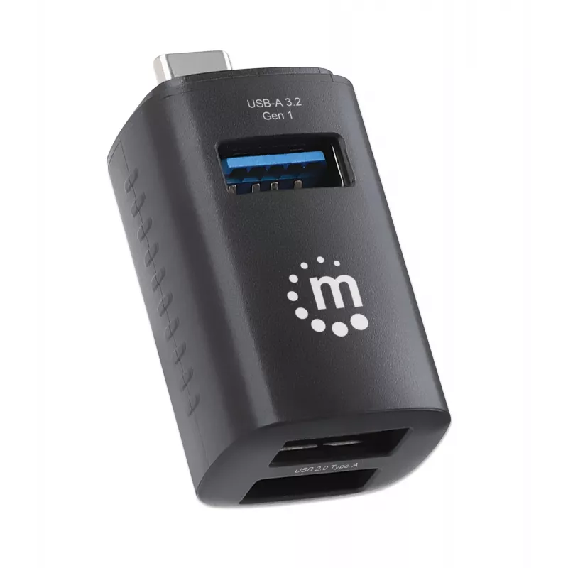 Manhattan USB-C 3 prievadų USB centras, ypač kompaktiškas, 3x USB-A prievadai (1x 5 Gbps USB 3.2 Gen1, 3x 480 Mbps USB 2.0), maitinamas iš USB
