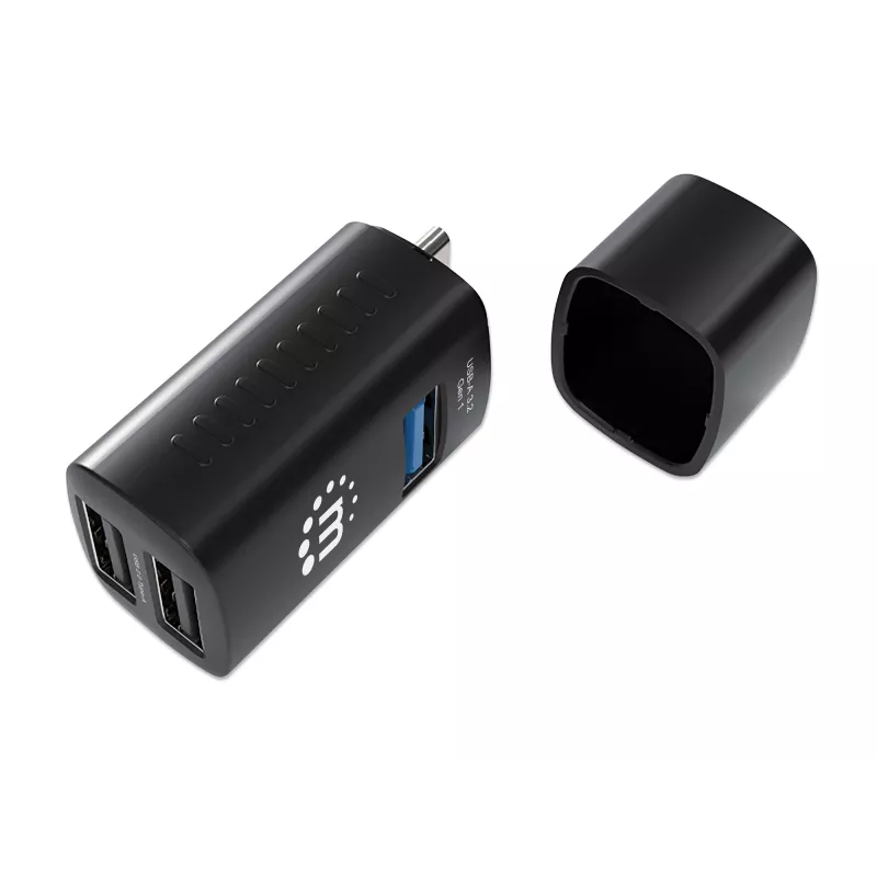 Manhattan USB-C 3 prievadų USB centras, ypač kompaktiškas, 3x USB-A prievadai (1x 5 Gbps USB 3.2 Gen1, 3x 480 Mbps USB 2.0), maitinamas iš USB
