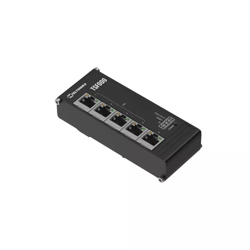Nevaldomas Fast Ethernet PoE stalinis jungiklis Teltonika TSF000 — 5× 10/100 RJ-45, IEEE 802.3af/at, DC 7–57V, juodas