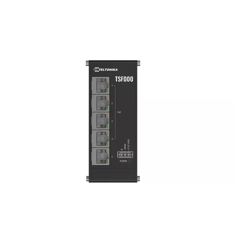 Nevaldomas Fast Ethernet PoE stalinis jungiklis Teltonika TSF000 — 5× 10/100 RJ-45, IEEE 802.3af/at, DC 7–57V, juodas