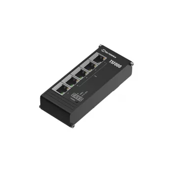 Nevaldomas Fast Ethernet PoE stalinis jungiklis Teltonika TSF000 — 5× 10/100 RJ-45, IEEE 802.3af/at, DC 7–57V, juodas