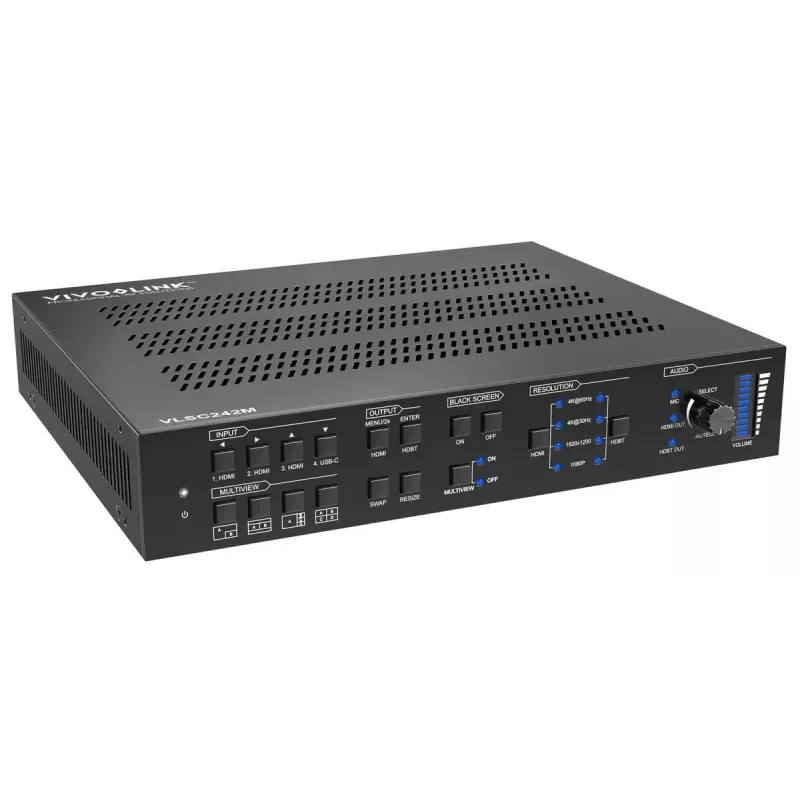 Vivolink vaizdo keitiklis VLSC242M, metalinis korpusas, HDCP 1.4/2.2, AC 110–230V, 250×200×44 mm