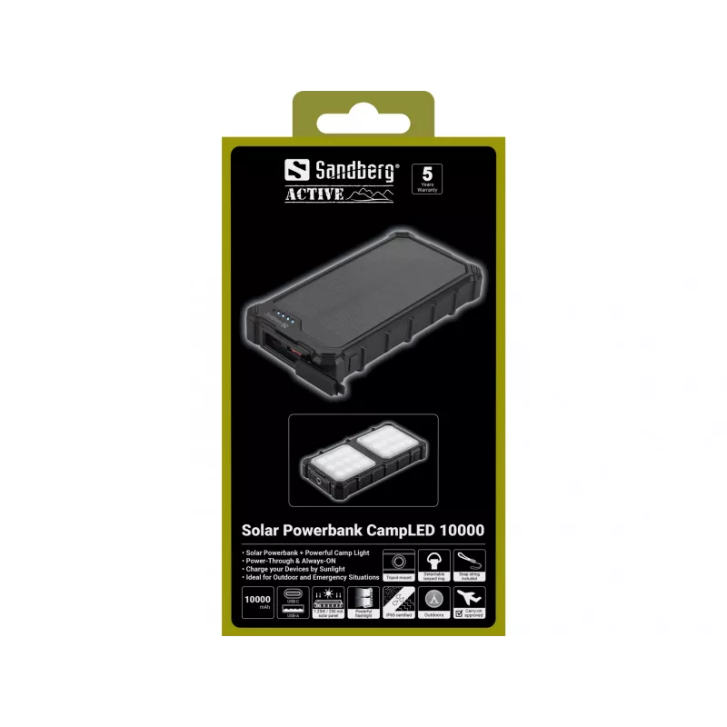 Sandberg Solar Powerbank CampLED 10000, 10000 mAh, nešiojamas saulės energijos bankas su LED lempa, juodas