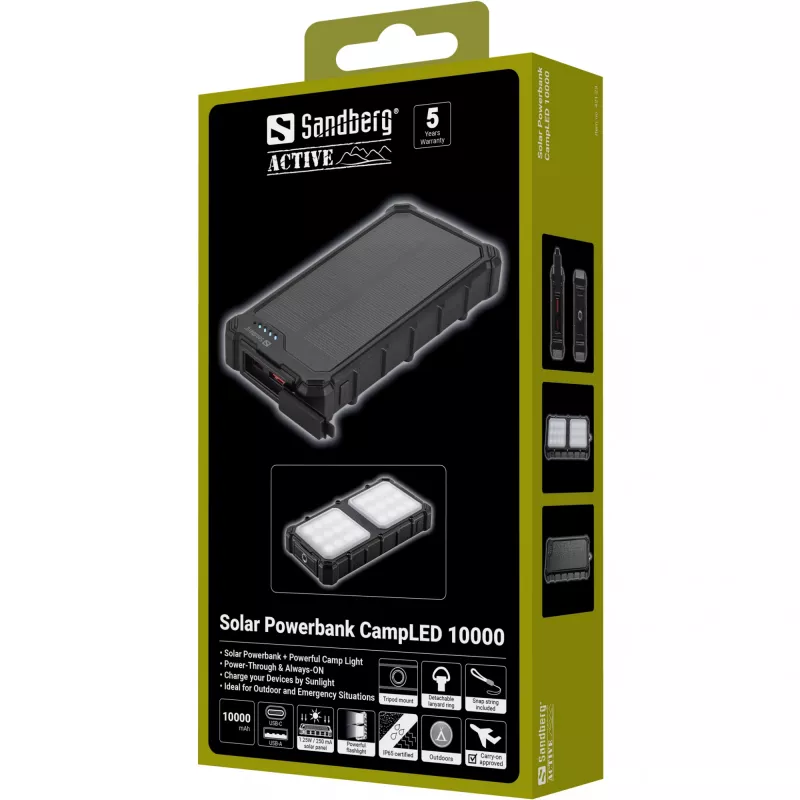 Sandberg Solar Powerbank CampLED 10000, 10000 mAh, nešiojamas saulės energijos bankas su LED lempa, juodas