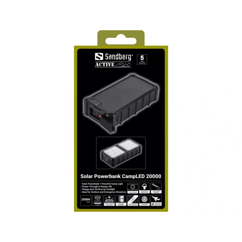 Sandberg Solar Powerbank CampLED 20000, 20000 mAh, programuojamas maitinimo šaltinis (PPS), 3.7 V, 15 W, juoda