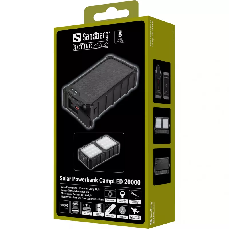 Sandberg Solar Powerbank CampLED 20000, 20000 mAh, programuojamas maitinimo šaltinis (PPS), 3.7 V, 15 W, juoda