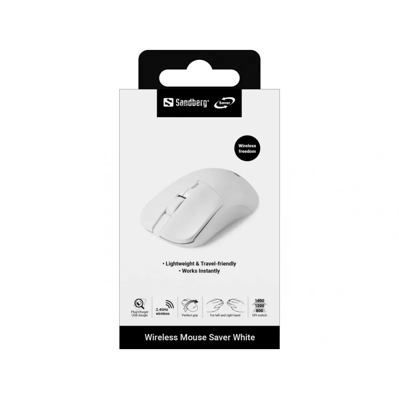 Sandberg Wireless Mouse Saver White, belaidė RF pelė, 1600 DPI, balta
