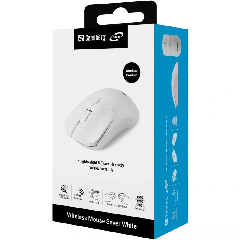 Sandberg Wireless Mouse Saver White, belaidė RF pelė, 1600 DPI, balta