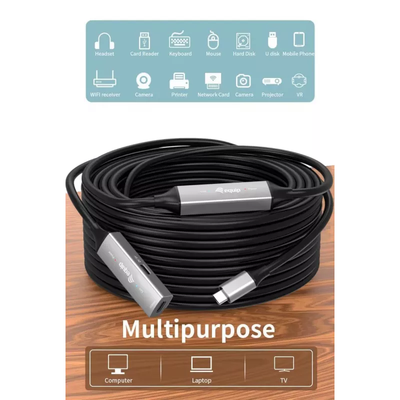 USB-C aktyvus ilginimo kabelis EQUIP 15 m, USB 3.2 Gen 1 (5 Gbps), nikeliuoti kontaktai, juodas