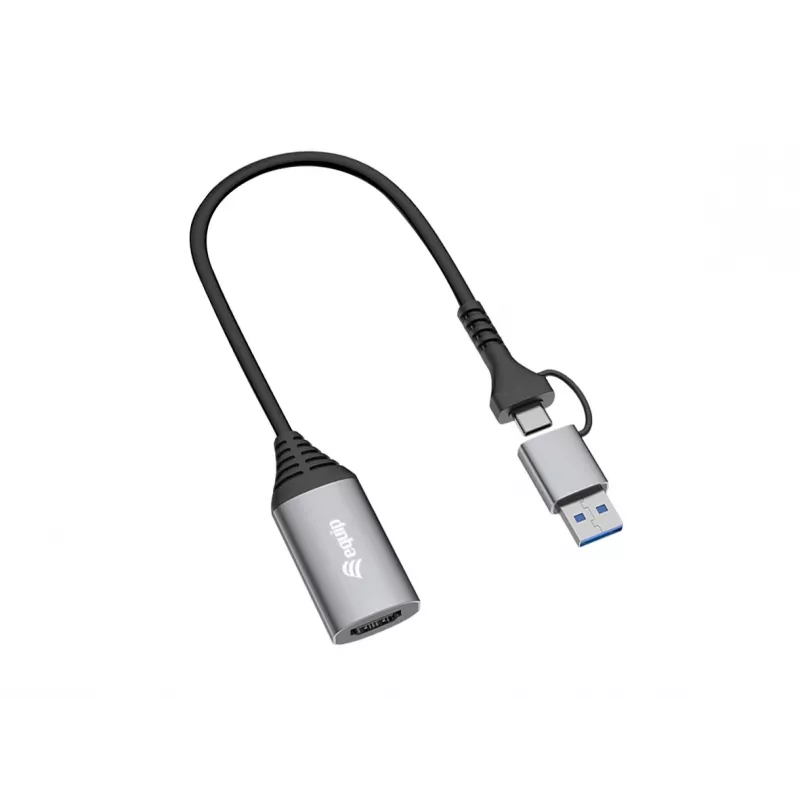 USB į HDMI adapteris EQUIP 133498 (USB-C ir USB-A jungtys, 1080p, aliuminio korpusas, pilka spalva)