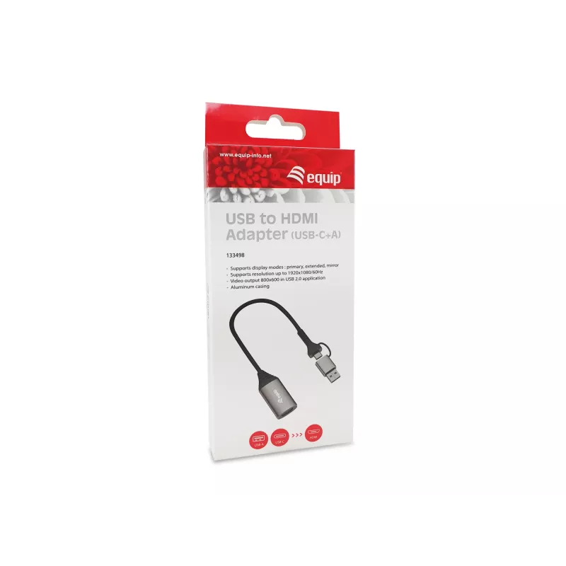 USB į HDMI adapteris EQUIP 133498 (USB-C ir USB-A jungtys, 1080p, aliuminio korpusas, pilka spalva)