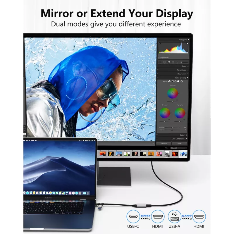 USB į HDMI adapteris EQUIP 133498 (USB-C ir USB-A jungtys, 1080p, aliuminio korpusas, pilka spalva)