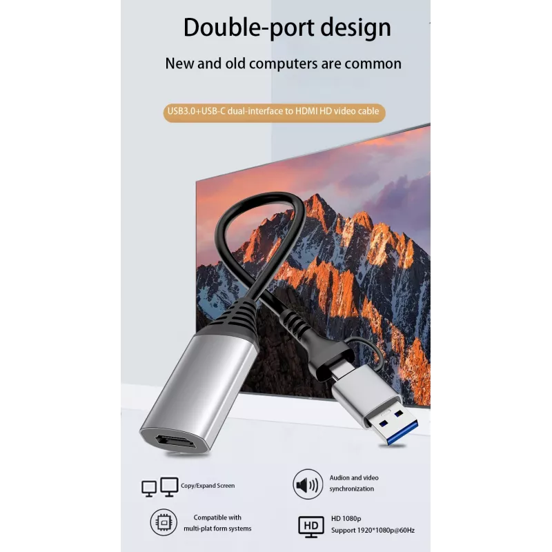 USB į HDMI adapteris EQUIP 133498 (USB-C ir USB-A jungtys, 1080p, aliuminio korpusas, pilka spalva)