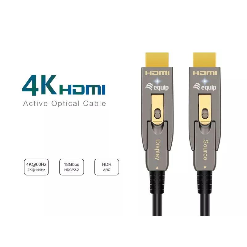 EQUIP HDMI 2.0 aktyvus optinis kabelis 15 m — atjungiamas A/D, 4K@60Hz, 18 Gbit/s, paauksuoti kontaktai