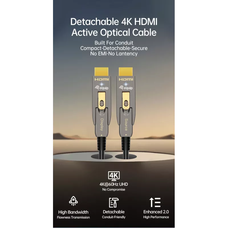 EQUIP HDMI 2.0 aktyvus optinis kabelis 15 m — atjungiamas A/D, 4K@60Hz, 18 Gbit/s, paauksuoti kontaktai
