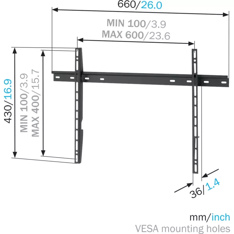 Vogel's sieninis laikiklis MNT 300 plokščiaekraniams iki 2,03 m (80 colių), 100 kg talpa, VESA 100x100–600x400, juodas