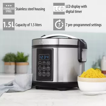 Multicooker Tristar RK-6132 — 1,5 l, 500 W, 7 automatinių programų, LCD, nerūdijantis plienas/juoda
