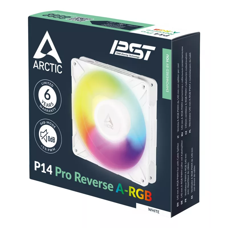 ARCTIC Freezer P14 Pro Reverse A-RGB (Baltas) - 3 vnt. rinkinys - 140 mm A-RGB PWM ventiliatorius su kabelio skirstytuvu