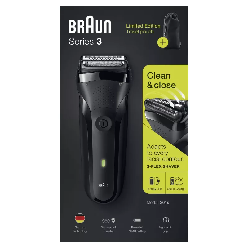 Braun Series 3 301s folijinis skustuvas su trimeriu, juodas