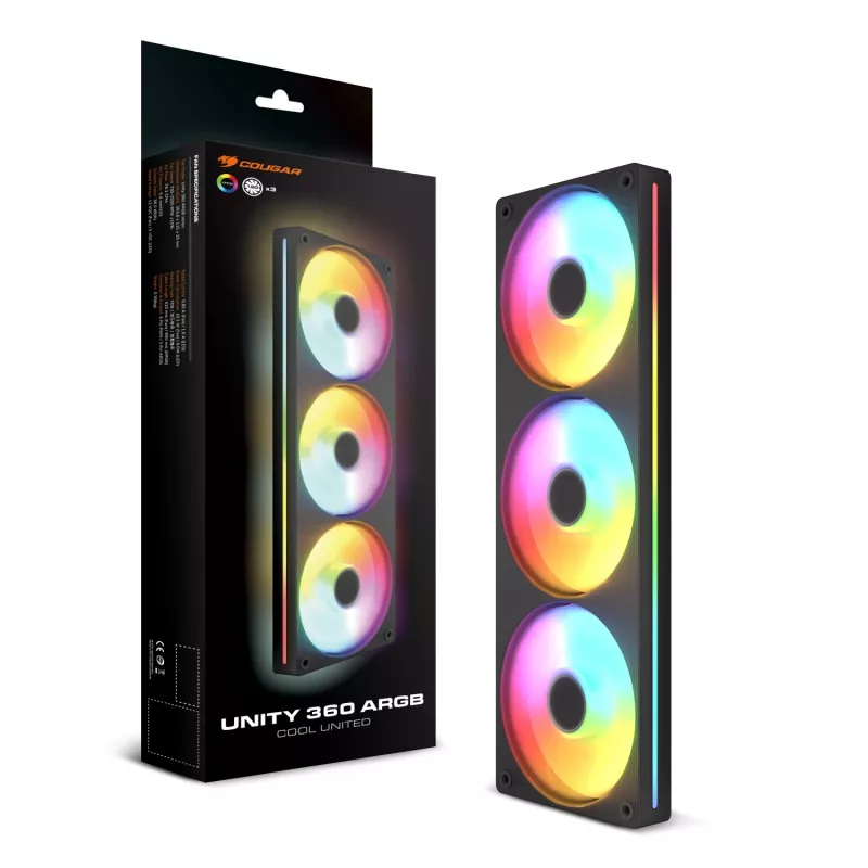 Ventiliatorių rinkinys Cougar Unity360-FB viename rėme 360 ARGB PWM Forward, 120mm×3, 700–2500 RPM, FDB, 5,4 mmH2O, juodas