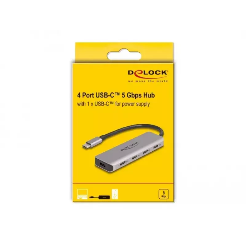 DeLOCK USB 3.2 Gen 1 HUB 4x USB-C 5 Gbps pilkas metalinis