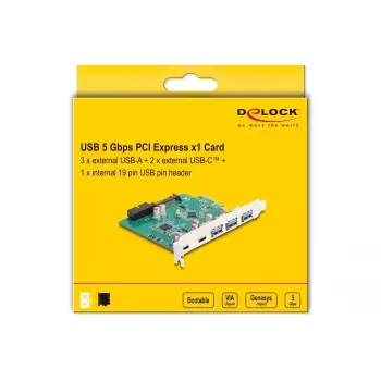 DeLOCK PCI Express x1 USB 3.2 Gen 1 plokštė su 3x USB-A, 2x USB-C ir 1x vidiniu 19 kontaktų lizdu