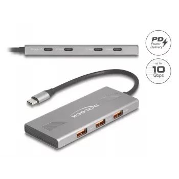 DELOCK USB 3.2 Gen 2 Type-C šakotuvas 7 prievadų (4×Type-C, 3×Type-A) 10 Gbit/s pilkas
