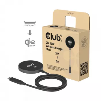 Belaidis įkroviklis CLUB3D CAC-3027 Qi2 25W magnetinis pagalvėlis, suderinamas su MagSafe, DC įkroviklis patalpoms, 1 m laidas, juodas