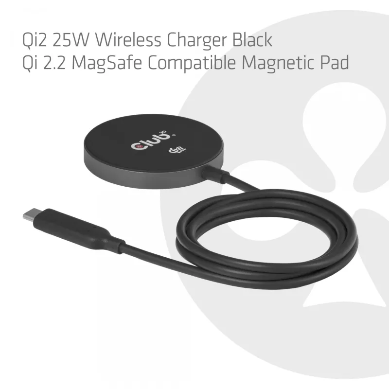 Belaidis įkroviklis CLUB3D CAC-3027 Qi2 25W magnetinis pagalvėlis, suderinamas su MagSafe, DC įkroviklis patalpoms, 1 m laidas, juodas