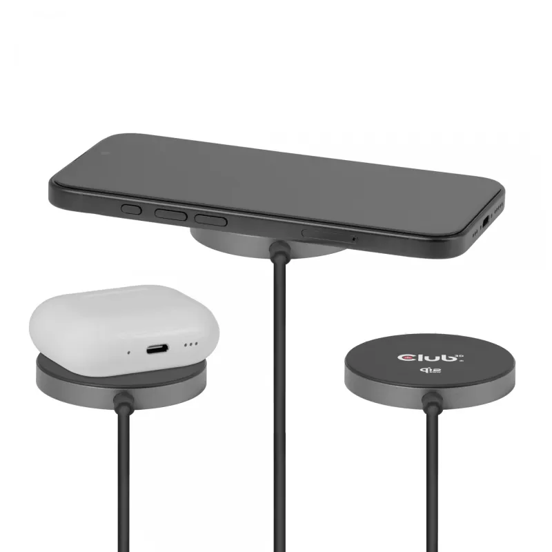 Belaidis įkroviklis CLUB3D CAC-3027 Qi2 25W magnetinis pagalvėlis, suderinamas su MagSafe, DC įkroviklis patalpoms, 1 m laidas, juodas