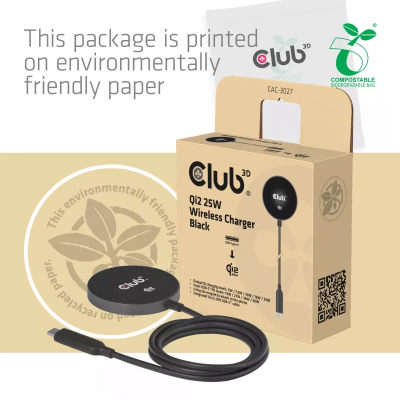 Belaidis įkroviklis CLUB3D CAC-3027 Qi2 25W magnetinis pagalvėlis, suderinamas su MagSafe, DC įkroviklis patalpoms, 1 m laidas, juodas