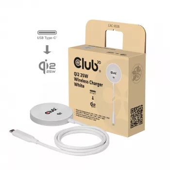 Belaidis įkroviklis club 3d CAC-3026 25W Qi2 magnetinis stovas, Qi 2.2 MagSafe suderinamas, 1 m kabelis, baltas