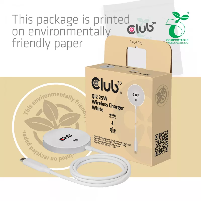 Belaidis įkroviklis club 3d CAC-3026 25W Qi2 magnetinis stovas, Qi 2.2 MagSafe suderinamas, 1 m kabelis, baltas