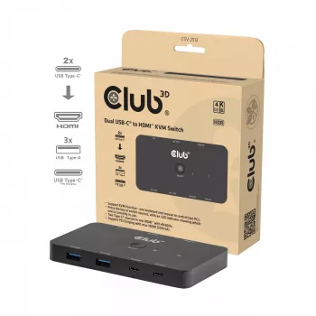 KVM jungiklis Club 3D Dual USB-C į HDMI, 2 prievadai, 4K UHD 3840x2160, USB-C konsolė, 65W PD, juodas