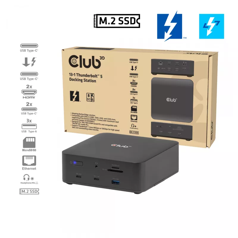 CLUB3D CSV-2562 Thunderbolt 5 dokavimo stotis, M.2 SSD, 2×HDMI 8K60Hz, 180W, 120 Gbit/s