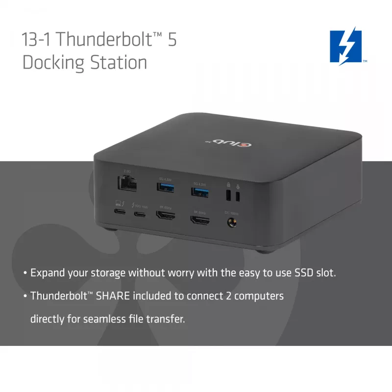CLUB3D CSV-2562 Thunderbolt 5 dokavimo stotis, M.2 SSD, 2×HDMI 8K60Hz, 180W, 120 Gbit/s