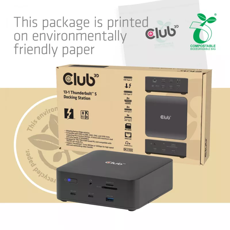 CLUB3D CSV-2562 Thunderbolt 5 dokavimo stotis, M.2 SSD, 2×HDMI 8K60Hz, 180W, 120 Gbit/s