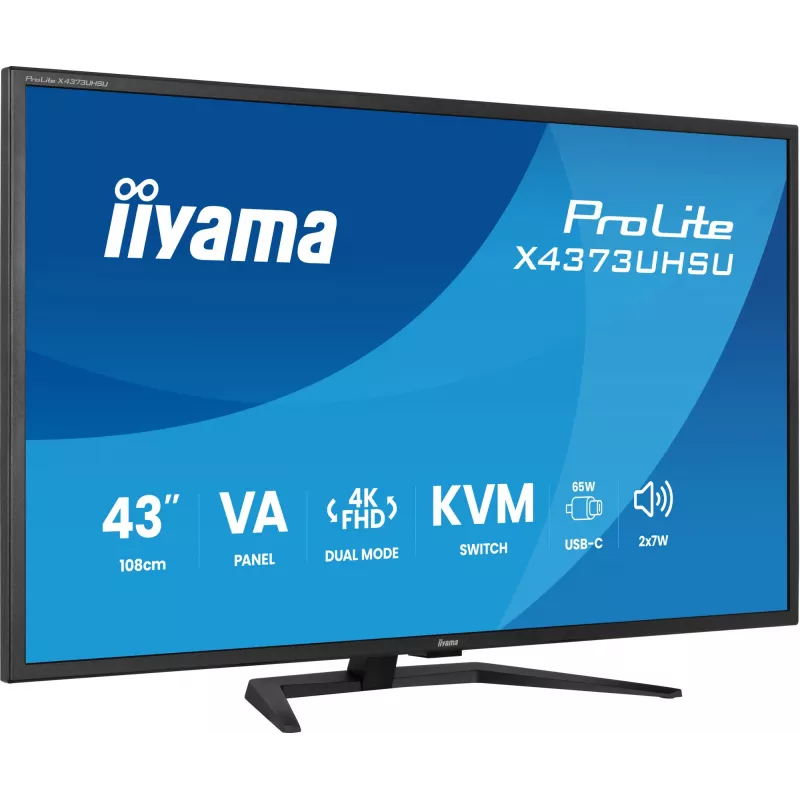 IIYAMA ProLite X4373UHSU-B2 43 colių LED 4K Ultra HD monitorius, 3840×2160, VA skydelis, 3 ms, 450 cd/m², USB 3.2 šakotuvas, garsiakalbiai, VESA, juodas